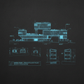 Digital blueprint architectural drawing with glowing blue lines