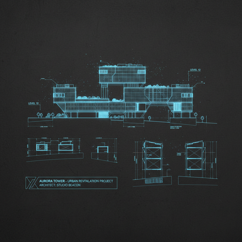 Digital blueprint architectural drawing with glowing blue lines